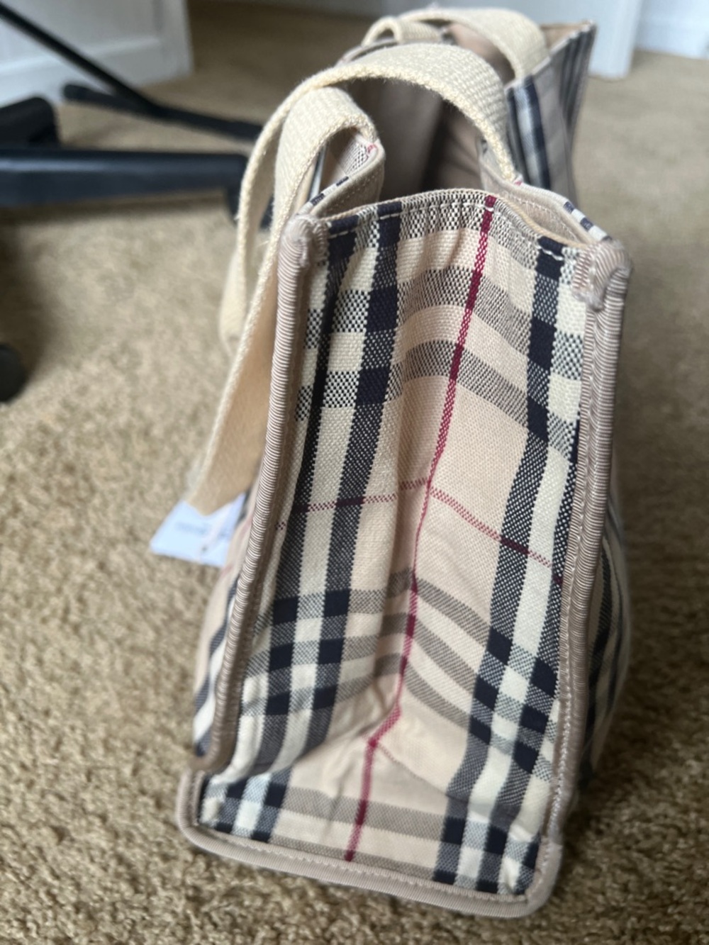 Beige Plaid Canvas Duffel with Navy and Burgundy Accent - Picture 9 of 9